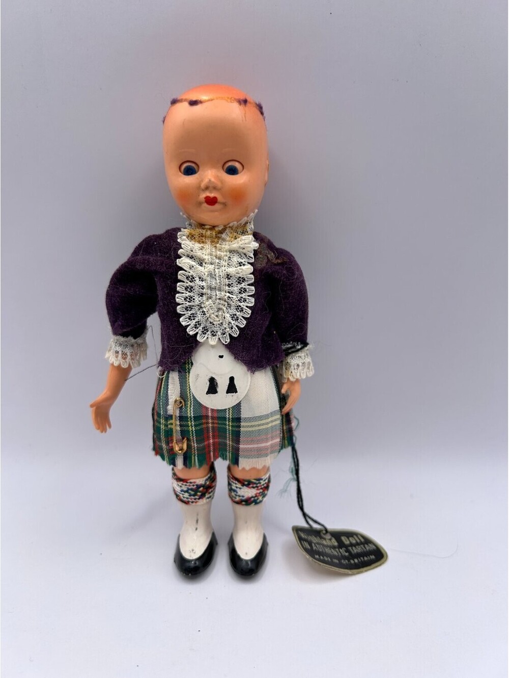vintage Scottish souvenir doll Highlander purple white green Plaid Boys